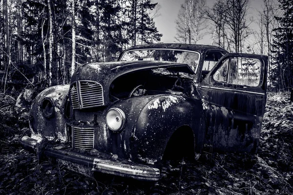 Dicht Vooraanzicht Van Een Oude Engelse Auto Verlaten Een Bos — Stockfoto