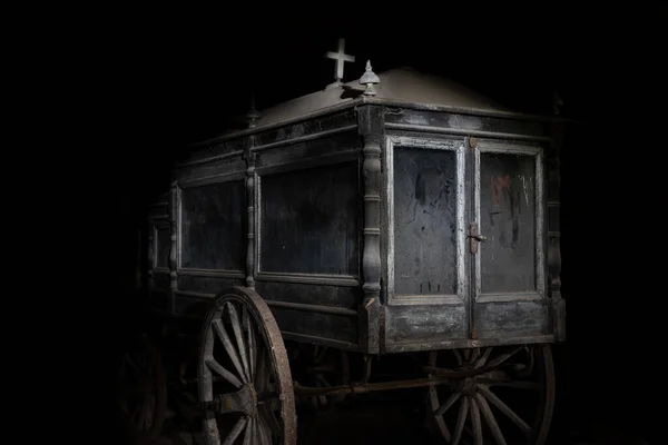 Very Old Dusty Hearse Made Wood Large Wooden Wheels Used — Stock Photo, Image