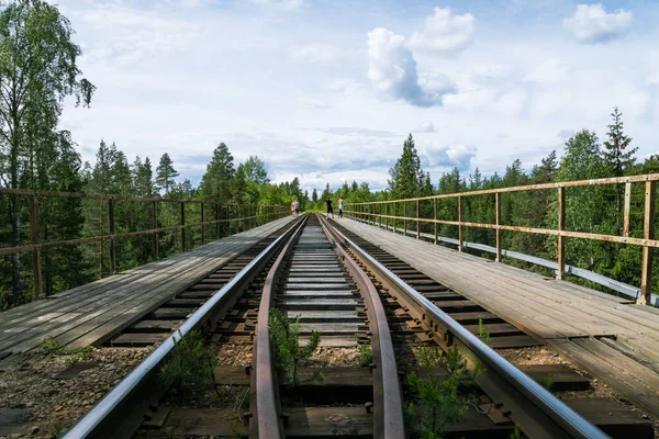 Gamla Och Smala Trä Och Stål Konstruktion Järnvägsbro Fortfarande Bruk — Stockfoto