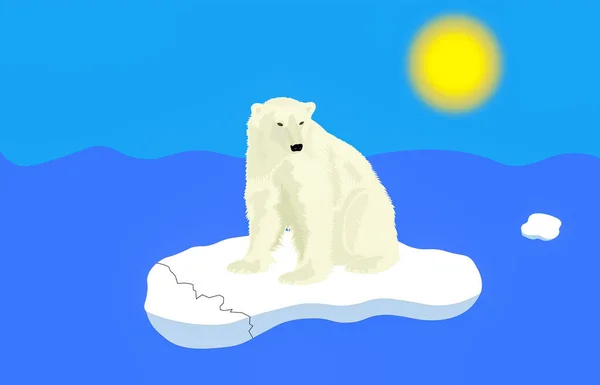 Illustration of a Polar bear sitting on a small ice shelf in the middle of the open ocean, caused by the melting polar ice