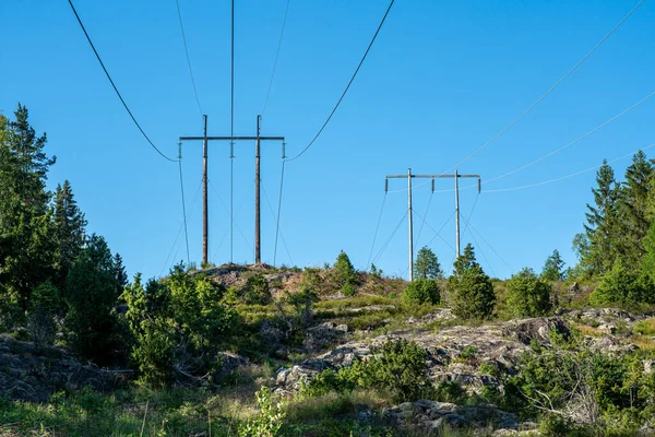 İsveç kırsalında, güneş ışığı ve açık mavi gökyüzü ile birlikte geçen tahta direkli elektrik hatları.