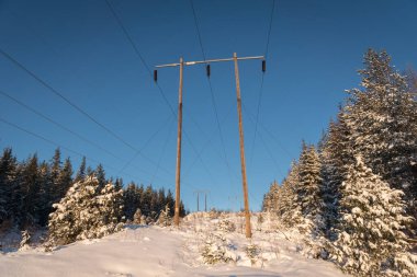 Soğuk bir İsveç kışında tahta direklerden sarkan elektrik hatları, zemini ve ağaçları kaplayan kar..