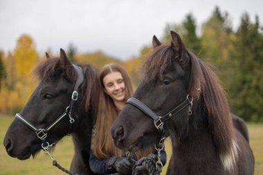 Genç bir kadın, en iyi iki arkadaşıyla, İzlanda atlarıyla bir tarlada duruyor.