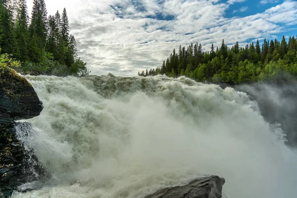 Summer View Famous Waterfall Tannforsen Northern Sweden Rapid Flowing Cascades — Stock Photo, Image