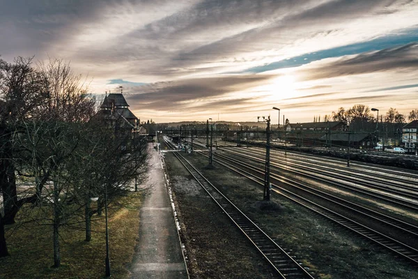 Trainstation Several Shiny Tracks Beautiful View Bright Cloudy Sky — 图库照片