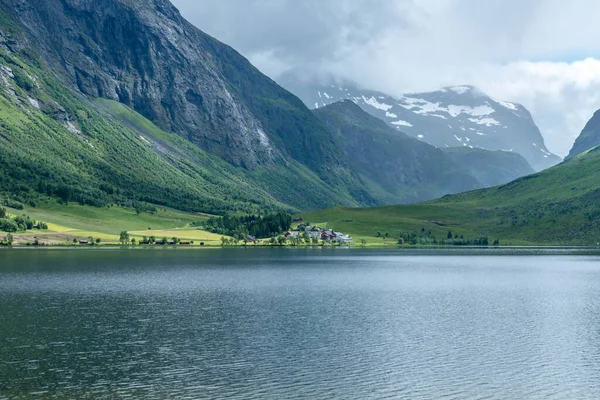 Beautiful Landscape View Small Village Mountains Just Lake Norway Royalty Free Stock Photos