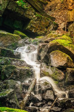 Yeşil yosunlu kayaların arasından akan küçük şelale.