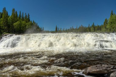 Kuzey İsveç 'te temiz su bulunan geniş bir şelalenin güzel manzarası. Beyaz sifon suyu, mavi gökyüzü ve çevresini çevreleyen yeşil ormanla..