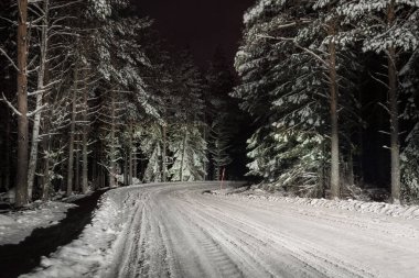 Gece bir kış yolunda araba sürerken, yoldaki kar ve buz parlak bir ışık saçar.