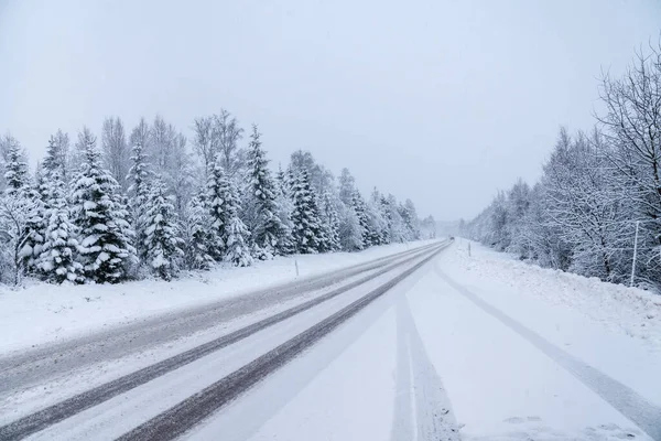 İsveç kırsalında kaygan bir kış yolu manzarası var, güneş parlıyor. Ağaçlardan kar ve buz sarkıyor..