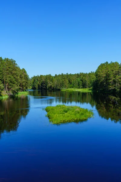 瑞典万南河美丽的夏景 静静地流淌在绿油油的风景中 阳光灿烂 蓝蓝的天空清澈 — 图库照片