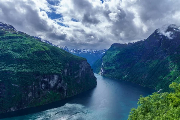 Beautiful Summer View Inlet Ocean Geiranger Fjord Norway Steep Green — Stock Photo, Image