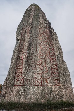 İsveç 'te büyük bir mezarlıkta bulunan 1200 yıllık Runik Taş' ın yakın çekimi.