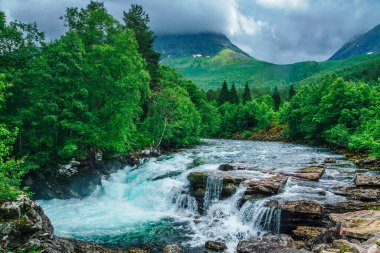 Norveç 'in yüksek dağlarında, dağın yamacından aşağı süzülen taze açık yeşil suyla