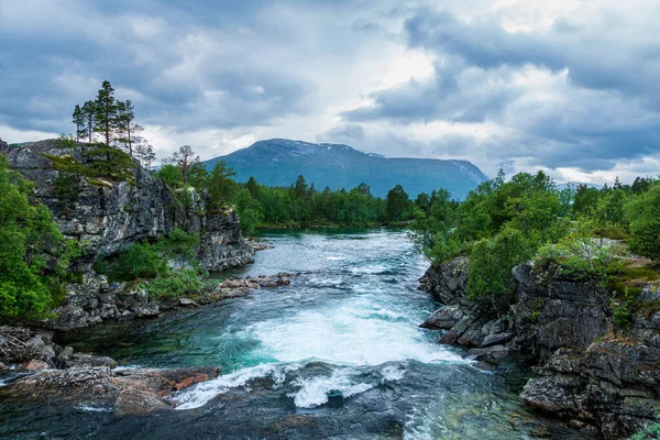 ノルウェーの山の中で高いクリーク 新鮮な光緑の水が山の中腹に流れる — ストック写真