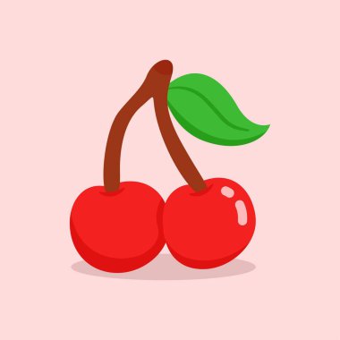 Kirazın resimli vektör grafiği. Pembe arka planda izole edilmiş kiraz rengi düz stil. İllüstrasyon web iniş sayfası afişleri, el ilanları, çıkartmalar, kartlar vs. için uygundur.