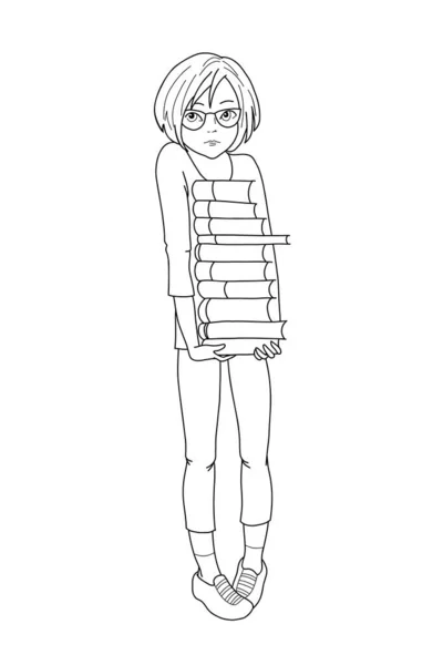 一个带着书的女孩的手绘插图 白色背景上的黑白图像 — 图库矢量图片