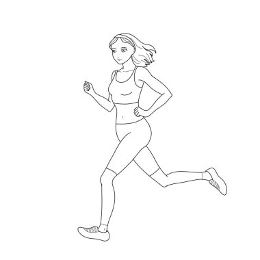 Koşan kızın el çizimi. Beyaz arkaplanda siyah beyaz resimler.