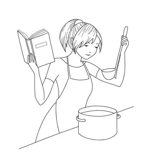 Ilustración Dibujada Mano Chica Coooking Con Cuchara Libro Cocina Imágenes — Vector de stock