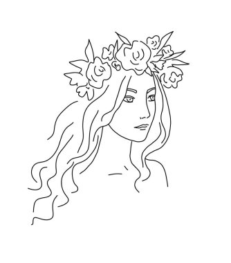 Çelenkli bir kızın el çizimi. Beyaz arkaplanda siyah beyaz resimler.