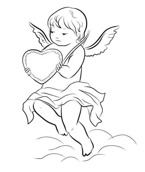 Ilustração Desenhada Mão Cupido Com Coração Imagens Preto Branco Sobre — Vetor de Stock