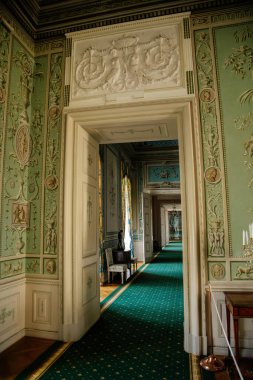 Vranov nad dyji, Güney Moravya, Çek Cumhuriyeti, 03 Temmuz 2021: Kale içi, barok ahşap oyma mobilya, yeşil misafir salonu, çiçekli süslemeli duvarlar, oda süiti veya enfilade.