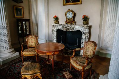 Vranov nad dyji, Güney Moravya, Çek Cumhuriyeti, 03 Temmuz 2021: Kale içi, barok ahşap oyma mobilya, masa ve sandalyeler, açık mermer şömine, boyalı duvarlar ve sütunlar, çiçek süslemeleri.