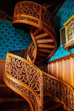 Lednice, Güney Moravya, Çek Cumhuriyeti, 04 Temmuz 2021: Neo-gotik romantik ahşap oymalı mobilyalar, mavi şato kütüphanesinde çiçeklerle süslenmiş dekoratif spiral merdivenler.