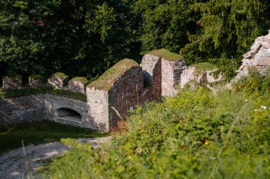 Litice nad Orlici, Doğu Bohemya, Çek Cumhuriyeti, 11 Eylül 2021: Tepedeki ortaçağ şatosu kalıntıları, taş kulesi olan eski kale, antik gotik kale, güneşli bir gün, kırsal alanda bir dönüm noktası..