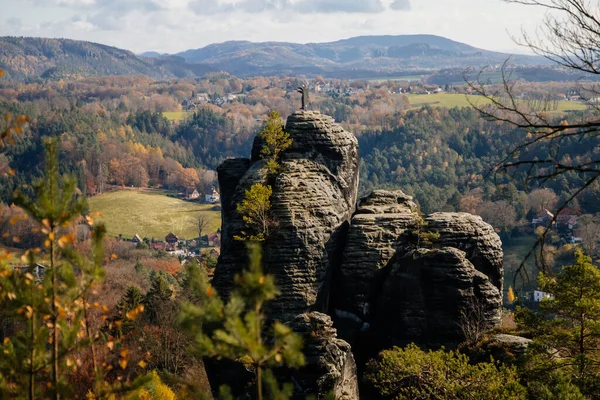 Nationalpark Sächsische Schweiz Deutschland November 2021 Basteiaussicht Elbtal Sandsteingebirgsweg Herbstliche — Stockfoto