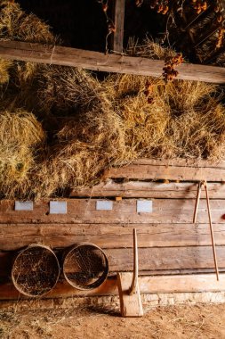 Kourim, Çek Cumhuriyeti, 26 Aralık 2021: Köhne ahır samanlığı içinde, samanlığın tavan arası, kuru kamış, ışık huzmeleri çiftliği, köy kırsal yaşam tarzı arka plan, açık hava etnoğrafya müzesi