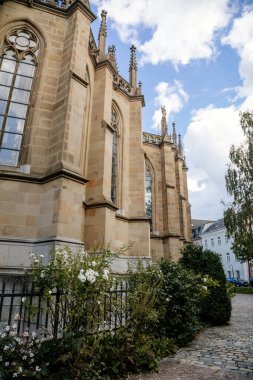 Linz, Avusturya, 27 Ağustos 2021: Kemerli, güneşli yaz gününde eski kasaba caddesi, pencere ve oyma heykellerle Orta Çağ Katolik taş katedrali Yeni Kusursuz Gebelik Katedrali