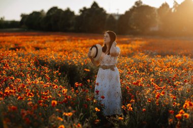 Beyaz ve bej elbiseli güzel bir kızın gün batımında haşhaş tarlasında saman şapkalı güzel bir kızın resmi, çiçekli romantik genç bir kadının portresi, pozitiflik, seçici doğal ışık.
