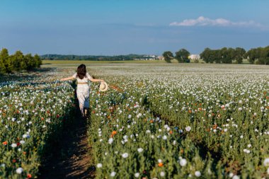 Beyaz ve bej elbiseli güzel bir kızın gün batımında haşhaş tarlasında saman şapkalı güzel bir kızın resmi, çiçekli romantik genç bir kadının portresi, pozitiflik, seçici doğal ışık.