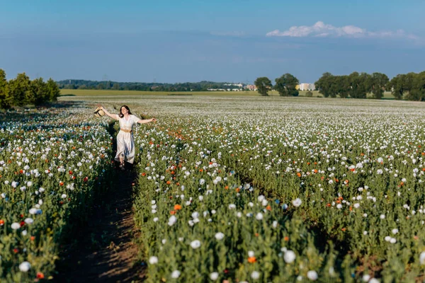 Beyaz ve bej elbiseli güzel bir kızın gün batımında haşhaş tarlasında saman şapkalı güzel bir kızın resmi, çiçekli romantik genç bir kadının portresi, pozitiflik, seçici doğal ışık.
