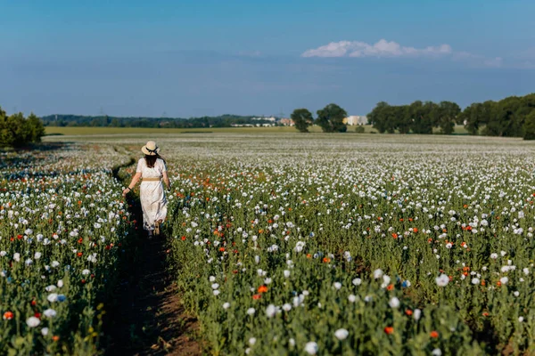 Beyaz ve bej elbiseli güzel bir kızın gün batımında haşhaş tarlasında saman şapkalı güzel bir kızın resmi, çiçekli romantik genç bir kadının portresi, pozitiflik, seçici doğal ışık.