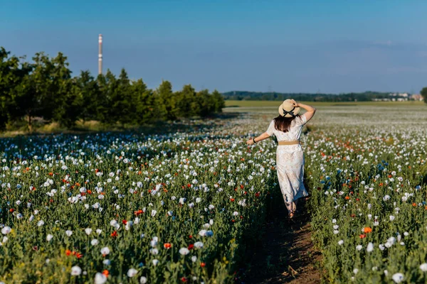 Beyaz ve bej elbiseli güzel bir kızın gün batımında haşhaş tarlasında saman şapkalı güzel bir kızın resmi, çiçekli romantik genç bir kadının portresi, pozitiflik, seçici doğal ışık.