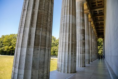 Donaustauf, Bavaria, Germany, 2 July 2022: Walhalla memorial with colonnade above Danube river, hall of fame conceived by Ludwig I, inside busts of politicians, scientists and artists of German tongue