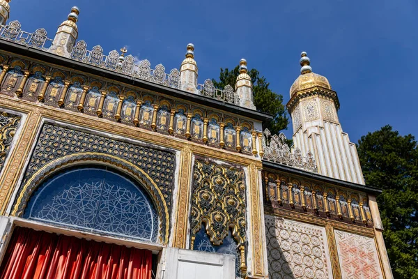 Linderhof Palace, Ettal, Bavaria, Germany, 3 July 2022: Schloss or chateau at rococo style surrounded by gardens and parks, castle built by King Ludwig II based on Versailles, Moorish Kiosk at summer