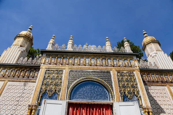 Linderhof Palace, Ettal, Bavaria, Germany, 3 July 2022: Schloss or chateau at rococo style surrounded by gardens and parks, castle built by King Ludwig II based on Versailles, Moorish Kiosk at summer