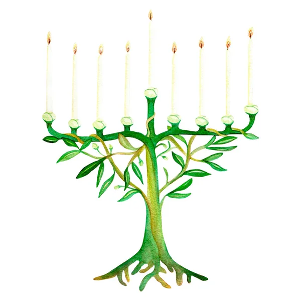 Chanukka-Leuchter in Form von miteinander verflochtenen Zweigen eines Olivenbaums mit Knospen. Neun brennende weiße Kerzen — Stockfoto