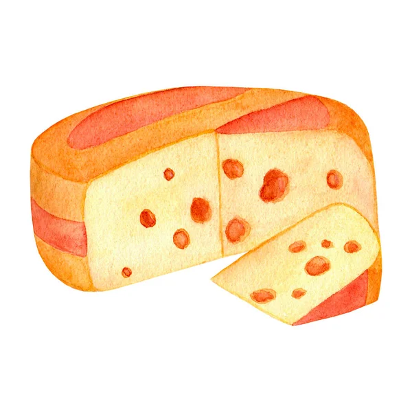 一个奶酪头和一块切碎的黄色奶酪。有洞的奶酪水彩画，白色背景隔离 — 图库照片
