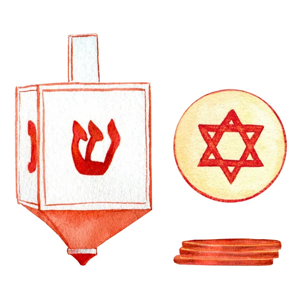 Dreidl, sevivon - ein jüdisches Spielzeug mit Griff. Münzen zum Platzieren. Aquarell-Illustration, isoliert auf weißem Hintergrund — Stockfoto