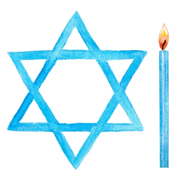 Davidstern, brennende Kerze. Blaue Chanukka-Symbole. Aquarell-Illustration, isoliert auf weißem Hintergrund — Stockfoto