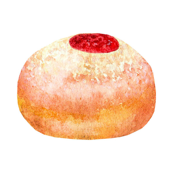 Hanukkah doughnuts with jelly and sugar powder on white background, closeup. Homemade cakes for the holiday. Watercolor.