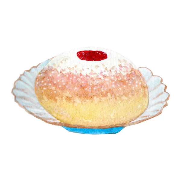 Donat untuk Hanukkah dengan jeli dan gula bubuk berada di piring biru. Kue buatan sendiri. Ilustrasi warna air. — Stok Foto