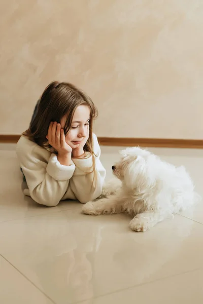 Girl Years Old Long Hair Model Pet Dog Maltese Schoolgirl — Stock Photo, Image
