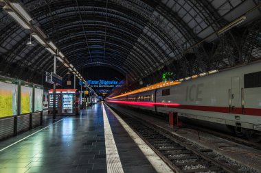 Frankfurt am Main, Almanya, Temmuz 2017 'deki ana tren istasyonundaki trenler
