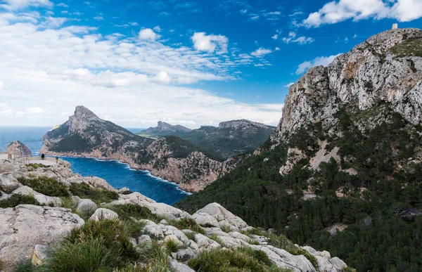 Panorámás Kilátás Tengerre Sziklák Sziklák Hegyek Cap Fromentor Mallorca Spanyolország — Stock Fotó