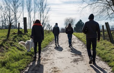Roosdaal, Belçika - 02 17 2018 Ailesi, bir baba, bir anne, bir oğlan ve bir kız köpeğiyle Belçika kırsalında yürüyorlar.